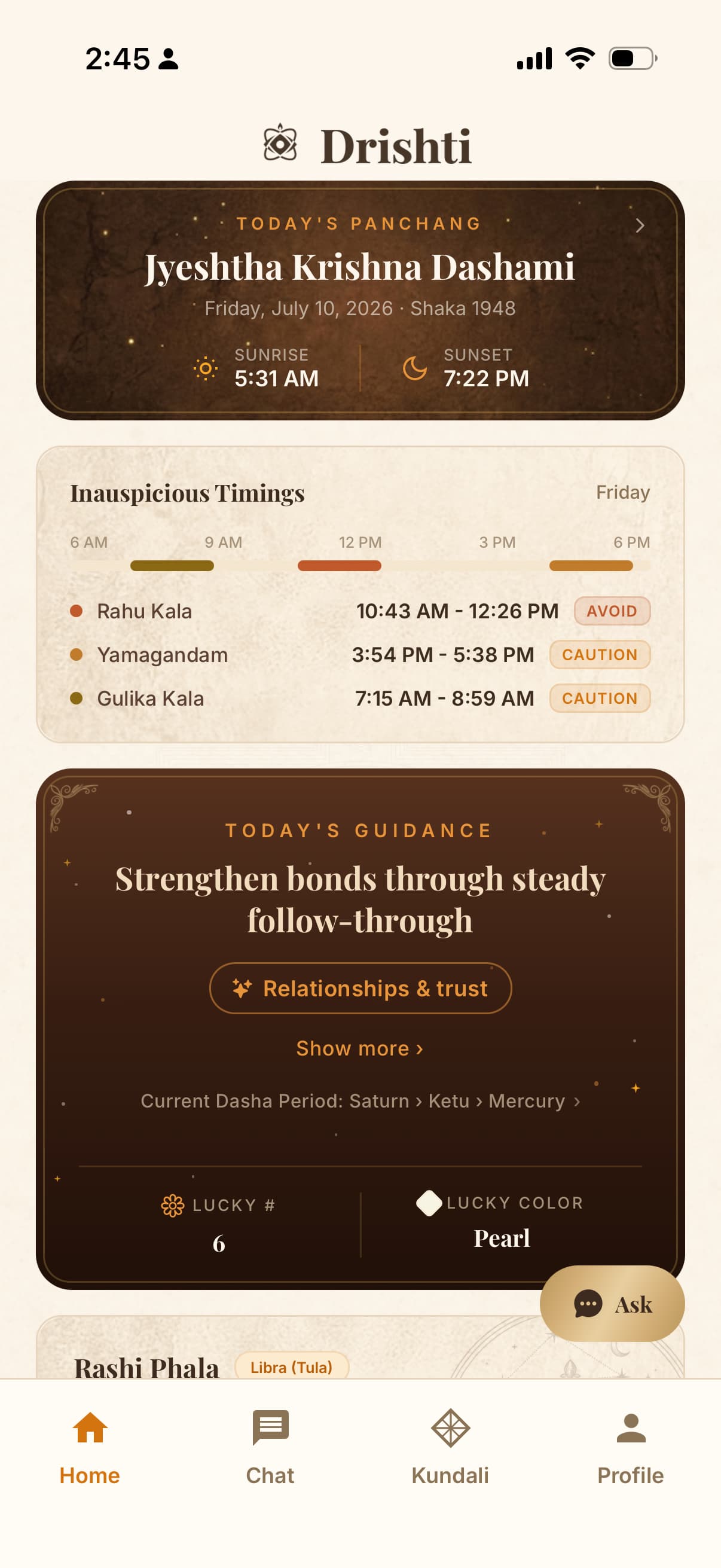Drishti app home screen showing Panchang, daily guidance, and family astrology actions