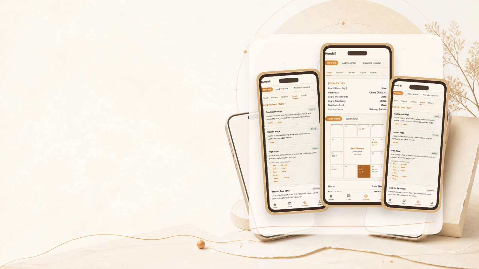 White-dominant Drishti product visual with real Kundali and Yogas app screens in clean device frames
