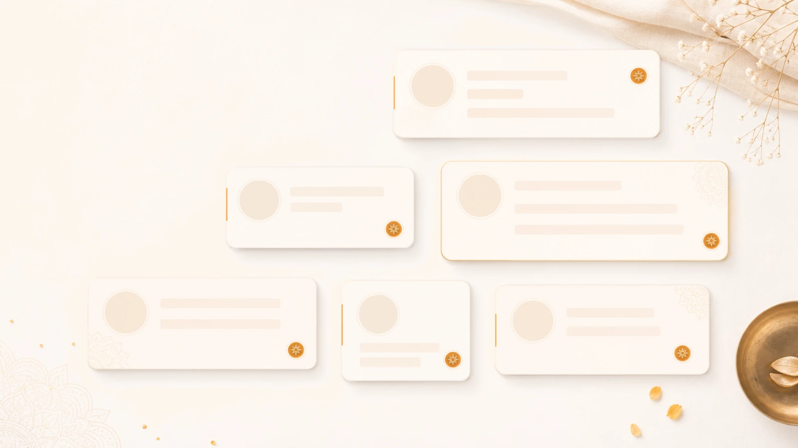 Blank testimonial and proof cards on a warm white Drishti surface