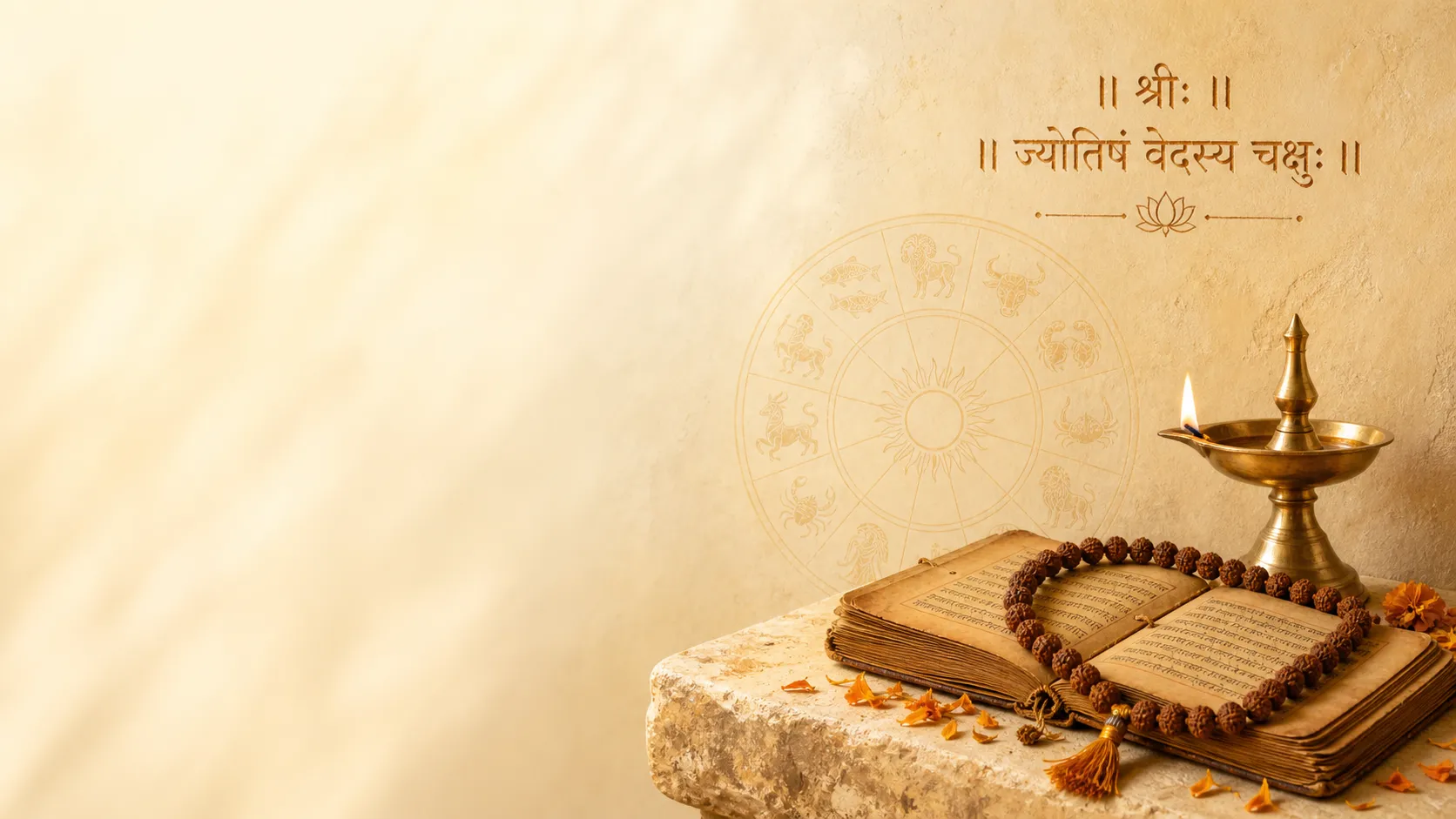 Brass diya beside a palm-leaf manuscript with the Sanskrit inscription Jyotisham Vedasya Chakshuh