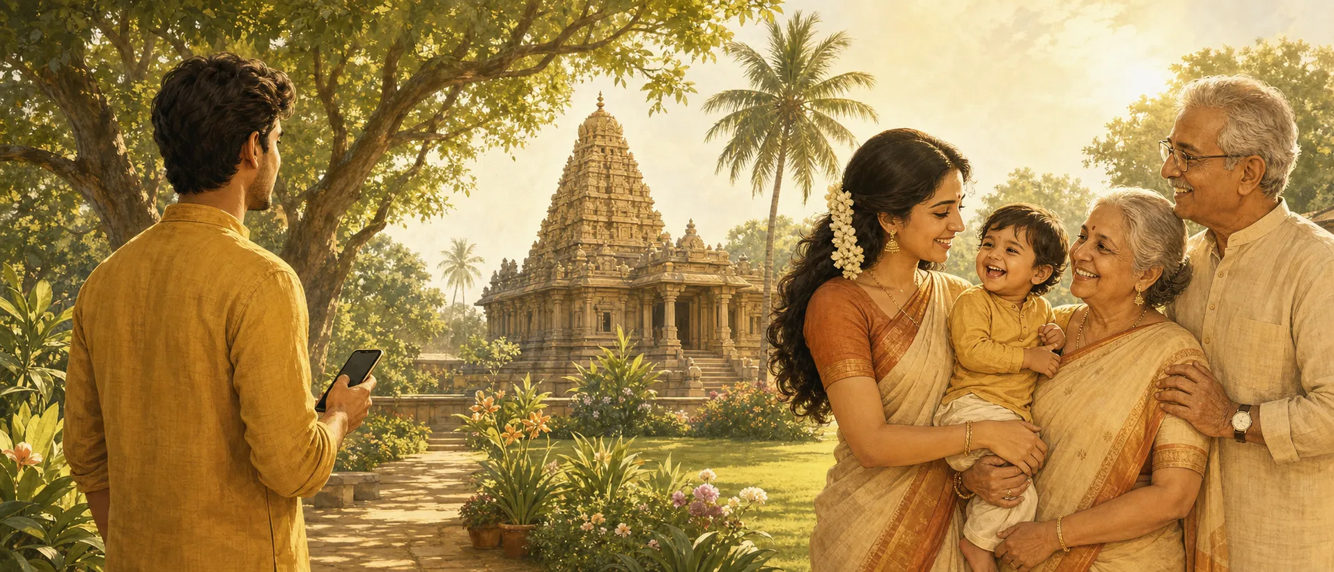 A young man looking toward a South Indian temple and a multigenerational family