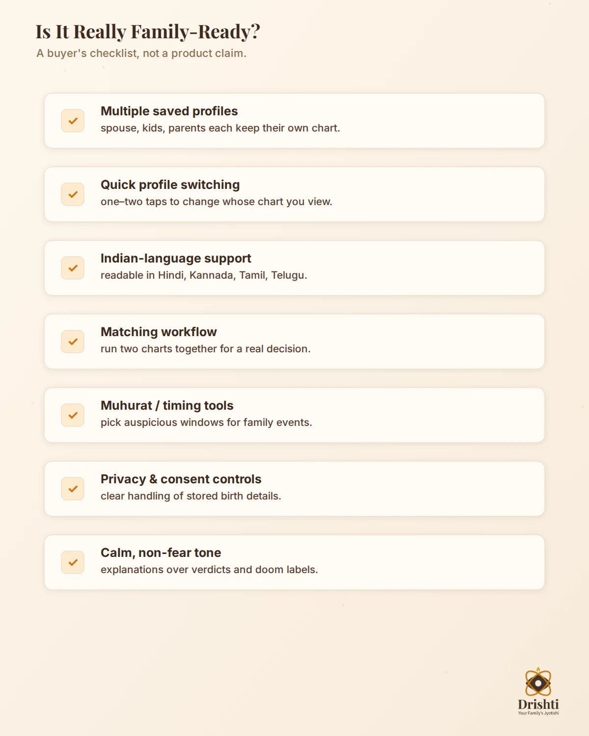 Family astrology checklist: profiles, language, matching, privacy, calm tone
